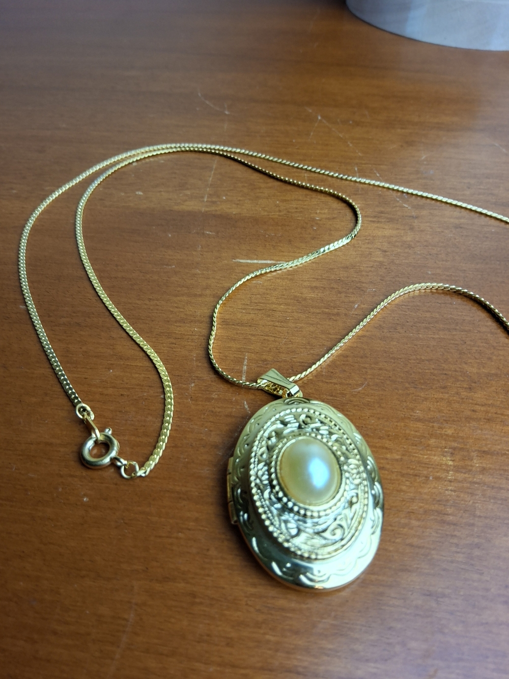 Gold Locket Necklace with Pearl Accent - Women's Jewelry